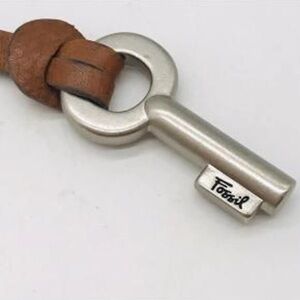FOSSIL, Silver-Tone Key Pendant with Brown Leather Strap